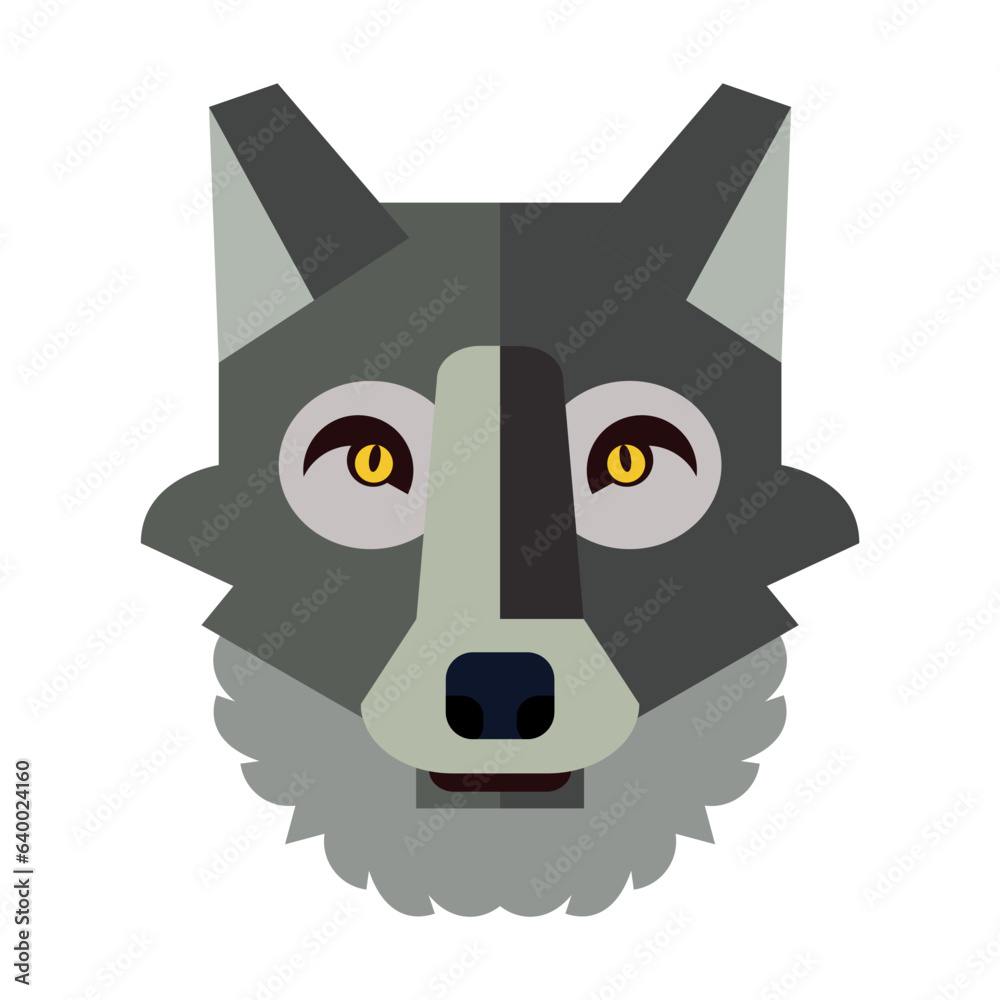 Head of gray wolf. Muzzle of wild animal cartoon illustration. Wildlife and zoo concept. Sketchy geometric character, mascot. Colored flat vector isolated