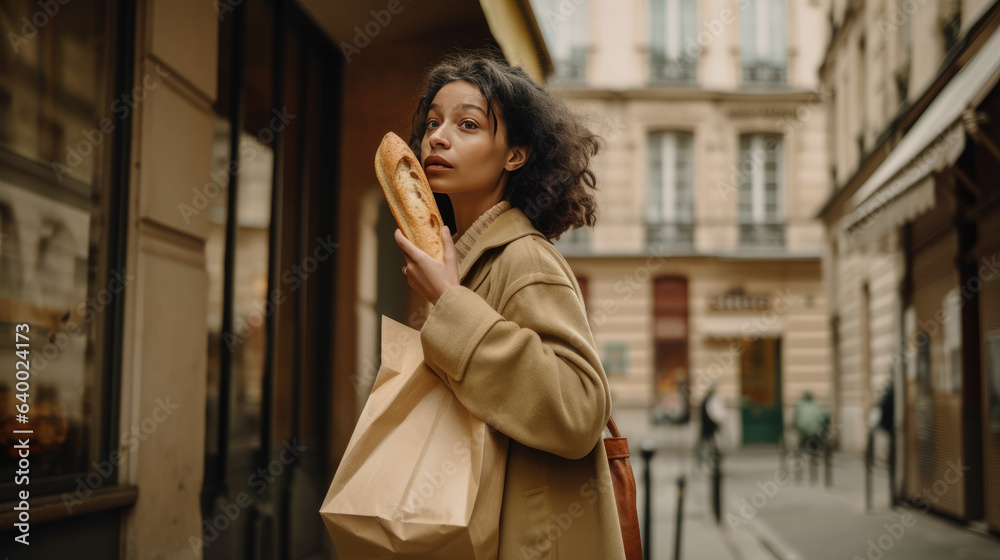 Fototapeta premium Woman hold Parisien Baguette Bread in biodegradable paper bag.