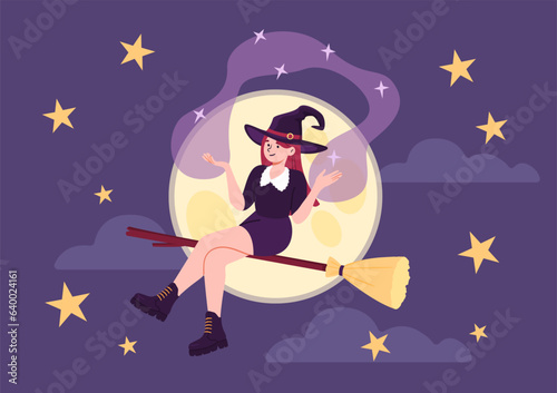 Witch fly at broom concept. Young girl at broomstick at background of moon. Magic and sorcery  witchcraft. Woman at witchcraft at night sky. Poster or banner. Cartoon flat vector illustration