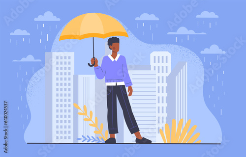 Man with umbrella under rain concept. Young guy at background of cityscape and skyscrapers. Autumn and fall season. Citizen walk at wet weather at city. Cartoon flat vector illustration