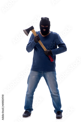 Young male burglar holding hatchet isolated on white