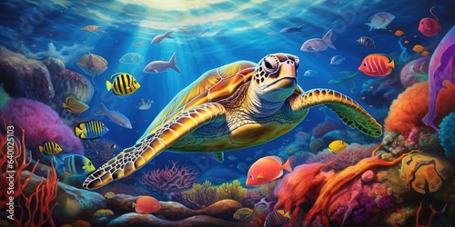 sea turtle swimming underwater in the blue ocean with colorful fish and coral