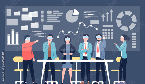 Person in vr glasses on workplace, business brainstorm in virtual reality. Digital corporate simulation, futuristic job communication recent vector scene