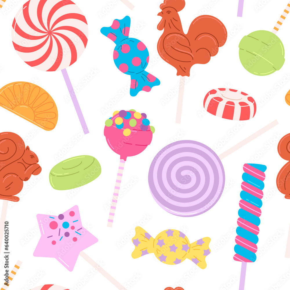 Candy seamless pattern. Lollipops and candies, caramel and marmalade. Sweet delicious fabric print design, racy bright cartoon vector background