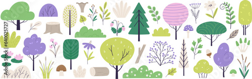 Doodle forest cute nature elements. Funny tree and bush, leaves and berries. Autumn eco green graphic, flat minimal style racy vector clipart