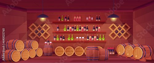 Wine cellar background with wooden barrels and bottles on shelves. Winegard products, alcohol drinks shop. Cartoon vault nowaday vector background