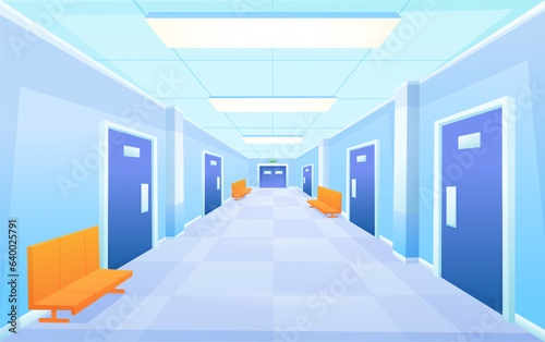 Hospital hallway with bench and closed doors. Corridor interior, inside clinic or emergency building. Waiting hall nowaday vector cartoon location