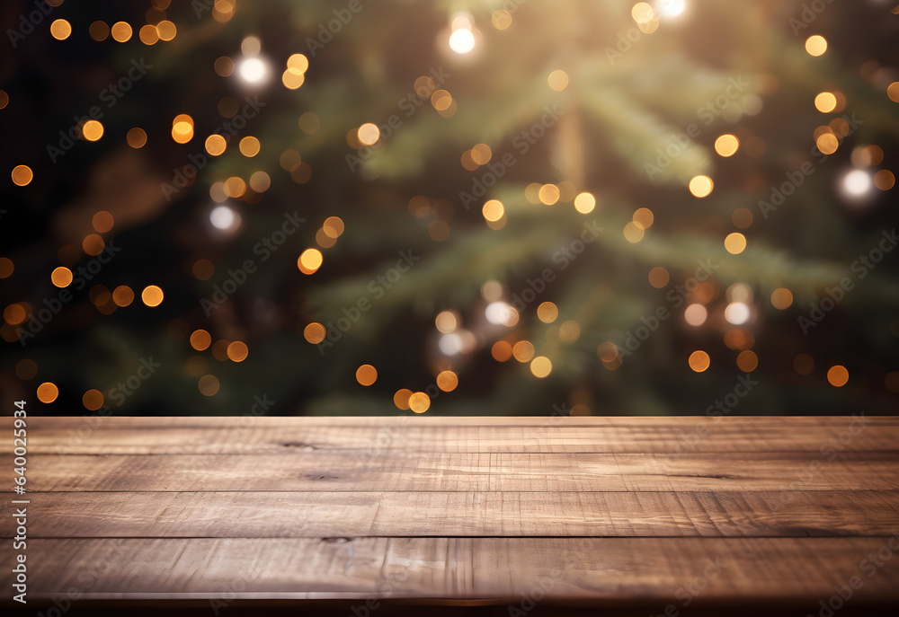 Christmas wooden table mockup with blurred christmas-tree, lights and bokeh background. Festive template banner with creative bauble decoration and copy space.