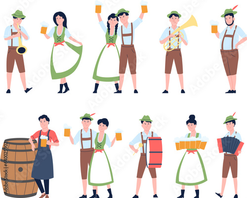 Young oktoberfest characters, flat bavarian people dance and drinking beer. German festival, traditional party woman costume. Cartoon recent vector set