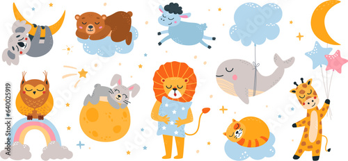 Cartoon cute sleeping animals. Forest animal sleep on moon and clouds. Funny wild characters dreaming, whale, bear and lion classy vector set