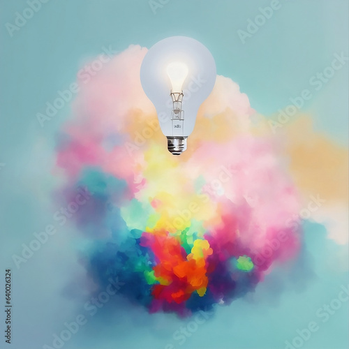 light bulb in the sky with rainbow clouds