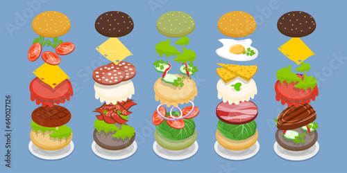 3D Isometric Flat Vector Set of Burger Maker, Elements for Different Sandwich