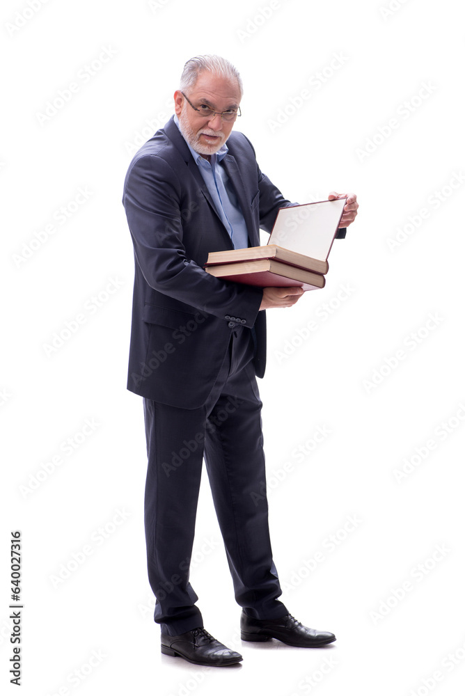 Old businessman holding books isolated on white Old businessman holding books isolated on white