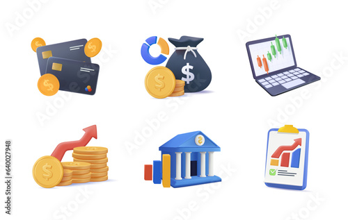 Set of 3D Icons Related to investment strategy, trade service, finance management. 3D UI Pictograms and Infographics Design Elements. Business success