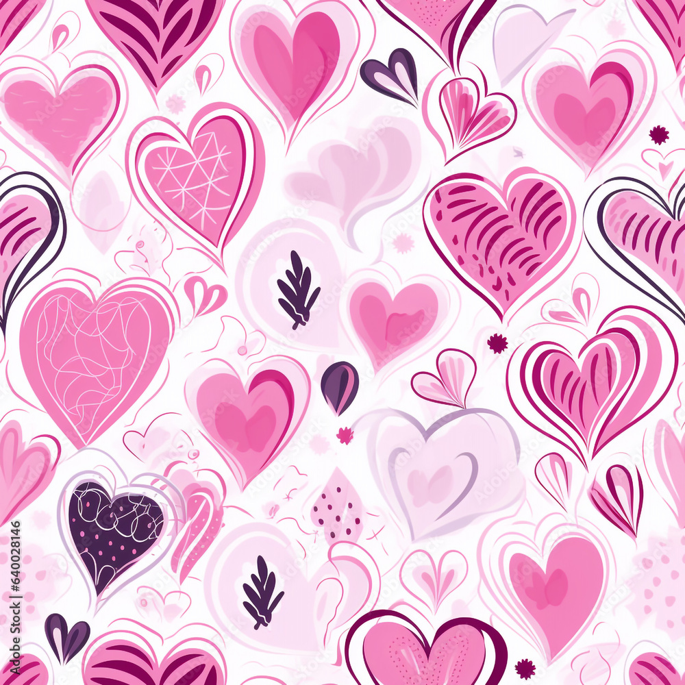 Elegant seamless pattern with hand drawn hearts, romantic wrapping paper. High quality photo