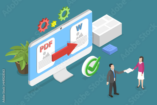 3D Isometric Flat Vector Conceptual Illustration of PDF To Word Converter , Converting or Exchanging Different File Formats