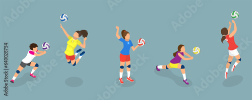 3D Isometric Flat Vector Set of Volleyball Players  Team Sports Game