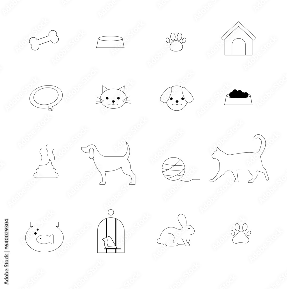 Iconos de mascotas y objetos de uso diario. Contiene 16 iconos vectorizados y editables