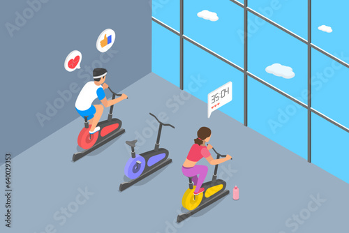3D Isometric Flat Vector Conceptual Illustration of Cycling, Spinning Exercise