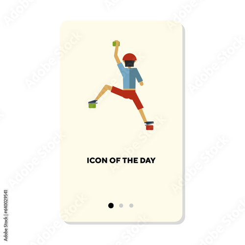 Sportsman exercising on climbing wall flat icon. Vertical sign or vector illustration of exercising or healthy lifestyle element. Sports, activity, health, alpinism for web design and apps