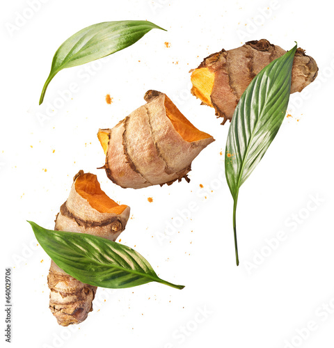 Fresh turmeric root falling in the air isolated photo