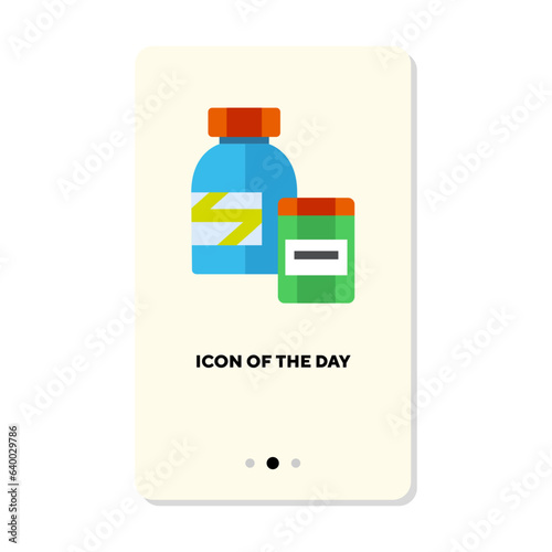 Active biological supplements flat vector icon. Cartoon drawing of fitness drug bottles for athletes isolated vector illustration. Sport, bodybuilding and health concept for web design and apps