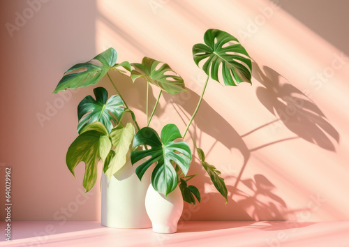 Monstera indoor plant on a pink background wall, with beautiful dappled light shining through the window and bold cast shadows.
