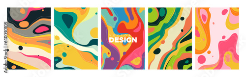Abstract colorful interior posters set. Vector illustration of hand drawing liquid shapes. Trendy modern print art. Vintage backgrounds