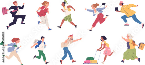 Hurrying fast people. Rushing characters speed running, run guy or girl student hurry to office busy worker late on work, rush man tourist with suitcase, classy vector illustration