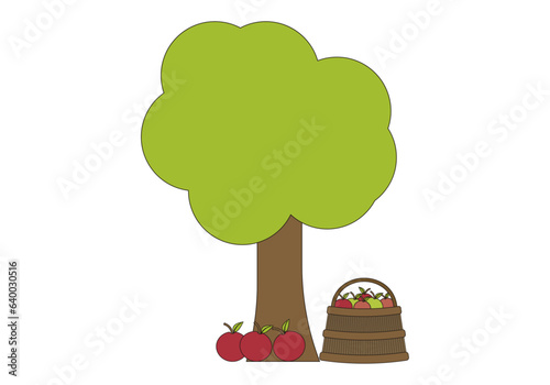 Manzano con cesta de manzanas a su lado.