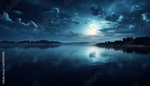 Night sky with full moon over water.