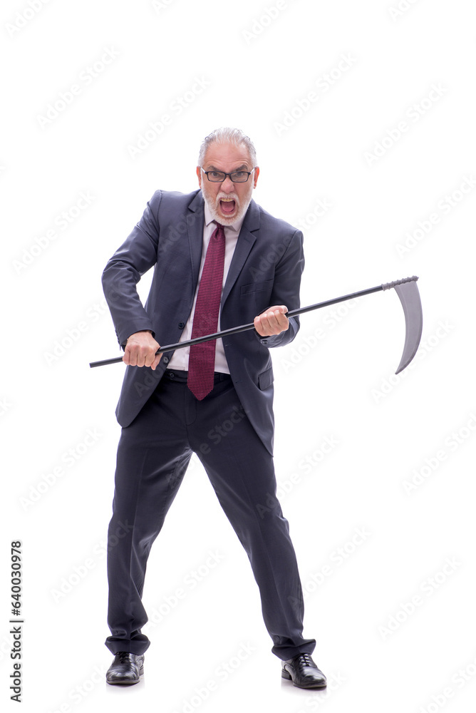 Old businessman holding scythe isolated on white Old businessman holding scythe isolated on white
