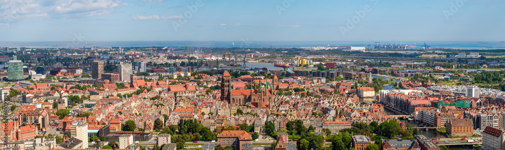 Tourist destination of Gdansk, aerial landscape of old town
