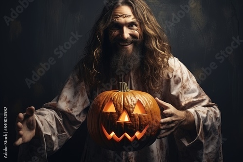 Jesus christ in halloween with pumpkin masquerade