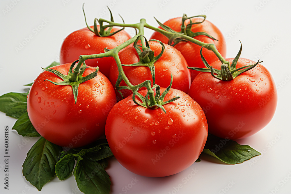 Set against a pristine white backdrop, this high-quality image places the radiant tomatoes at the center of attention. The vibrant red hue of the tomatoes pops against the clean canvas, isolated. 