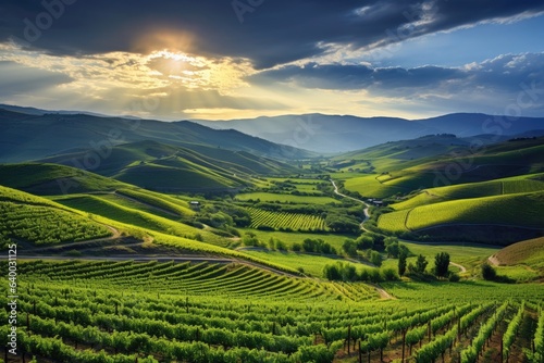 A serene vineyard with rows of grapevines and rolling hills, Stunning Scenic World Landscape Wallpaper Background © Distinctive Images