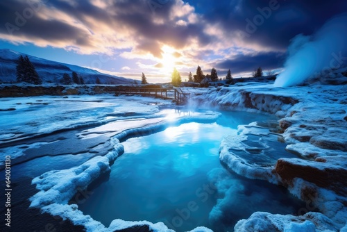A serene and secluded hot spring in a geothermal area during winter at sunrise or sunset, Stunning Scenic World Landscape Wallpaper Background, Generative AI