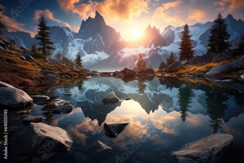 A serene alpine mountain lake reflecting the surrounding high mountain peaks that are snow covered, Stunning Scenic World Landscape Wallpaper Background © Distinctive Images