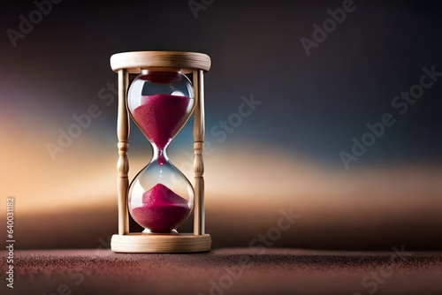 Hourglass with pink sand and dark background. Created with generative Ai technology.