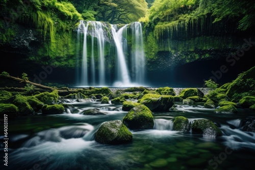 A majestic waterfall surrounded by lush green vegetation and moss-covered rocks, Stunning Scenic World Landscape Wallpaper Background