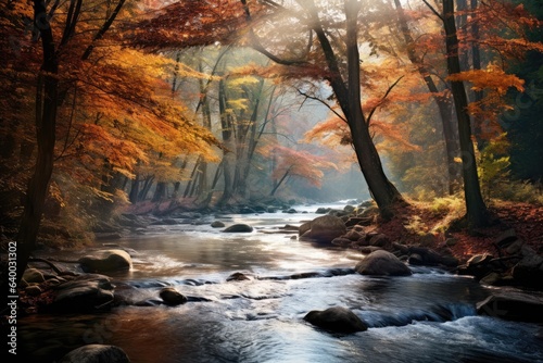 Fall on the river with the changing leaves, Stunning Scenic World Landscape Wallpaper Background © Distinctive Images