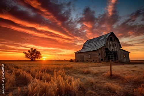 An old barn near a Kansas farm field during a peaceful colorful red sunset, Stunning Scenic World Landscape Wallpaper Background