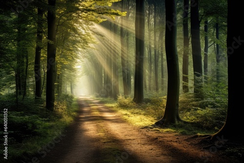 A tranquil forest pathway with rays of sunlight filtering through the trees, Stunning Scenic World Landscape Wallpaper Background © Distinctive Images