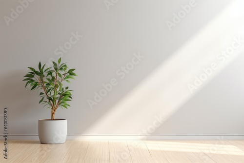 Light gray wall and and a wooden floor with a potted plant