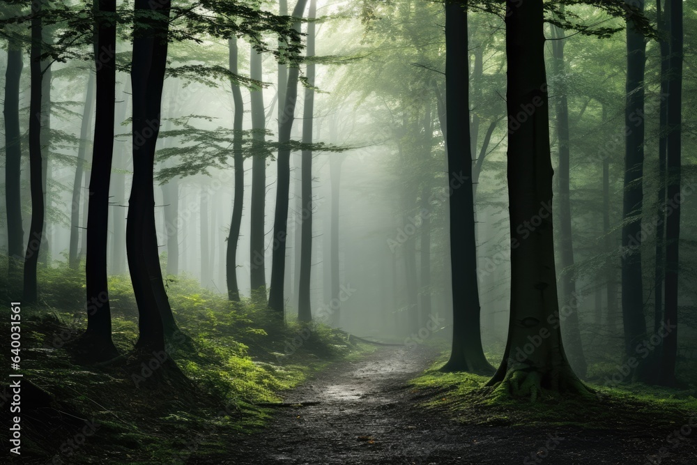 Naklejka premium A tranquil forest pathway with rays of sunlight filtering through the trees and morning fog mist, Stunning Scenic World Landscape Wallpaper Background