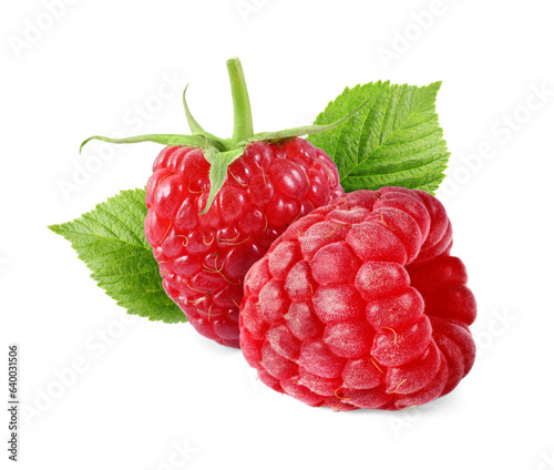 Fresh ripe raspberries with green leaves isolated on white