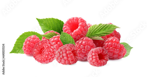Fresh ripe raspberries with green leaves isolated on white