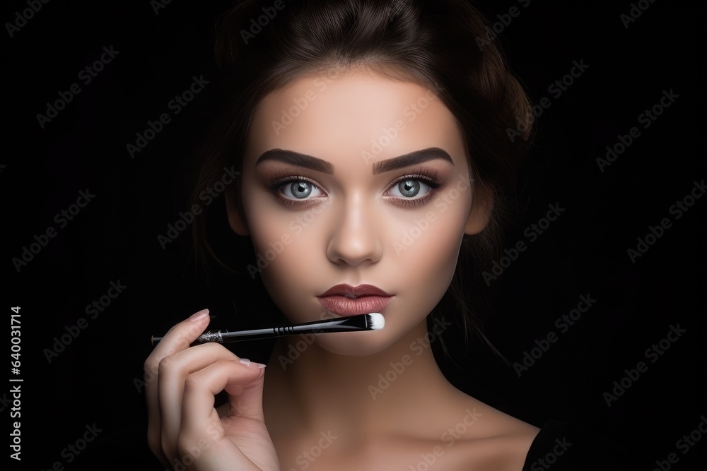 Pretty lady making makeup with brush in a dark background Pretty lady making makeup with brush in a dark background