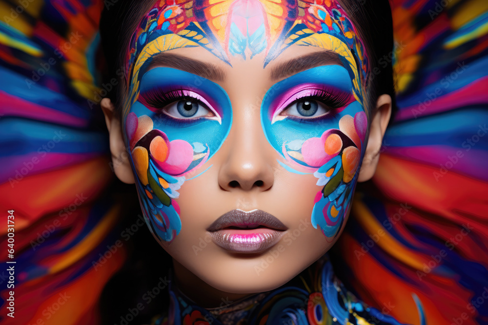 Woman wearing colorful makeup in a blue and colorful background