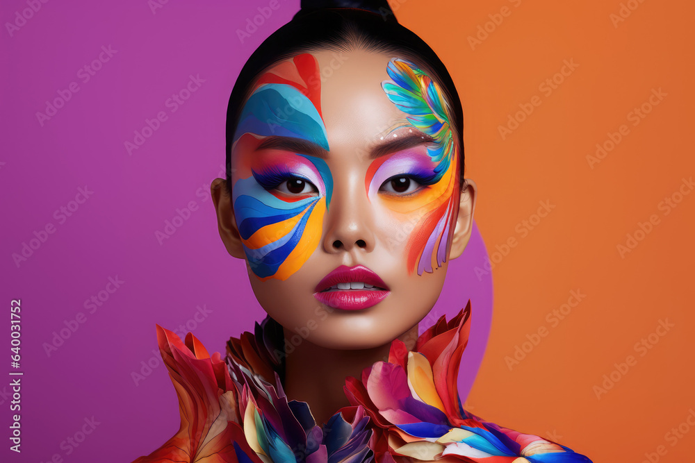 Asian woman wearing colorful makeup in a blue and orange background